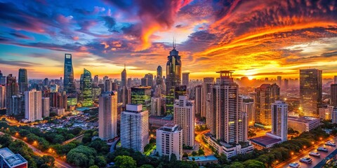Panoramic Cityscape at Dusk: Vibrant City Lights and Skyline