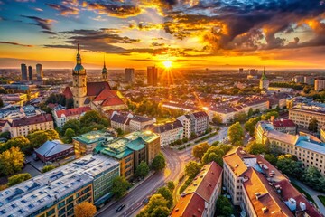 Naklejka premium Panoramic Cityscape at Golden Hour, Stunning Urban View