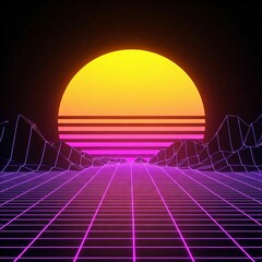 An 80s retro-style background with pink and purple neon grids, a glowing orange sun on the horizon, and vibrant sunset lighting effects.