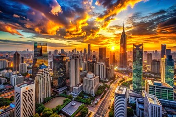 Fototapeta premium Panoramic Cityscape at Sunset, Golden Hour Urban Skyline