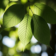 A nature-inspired background with translucent green leaves and intricate details of tree patterns, enhanced by subtle sunlight shadows.