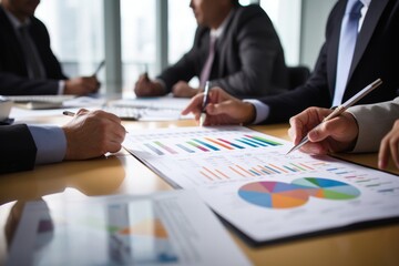 Collaborative business team strategizing marketing plan with focused graphs and charts