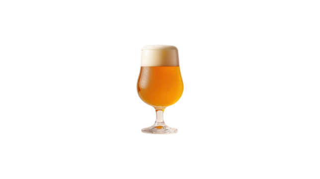 A glass of beer is sitting on a white background. The glass is tall and slender, with a narrow base. The beer inside is frothy and golden, with a slight head. Concept of relaxation and enjoyment