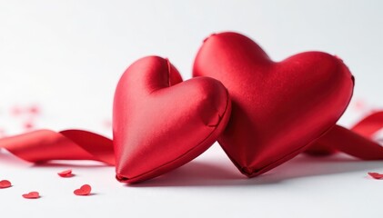 Fototapeta premium Pair of rich crimson silk hearts against pure white backdrop Close-up detail , silk heart, photography