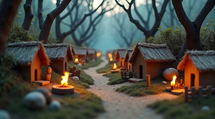 Fototapeta premium A serene forest village lined with small thatched huts, glowing fire pits, and winding dirt paths, surrounded by lush greenery and towering trees in the misty twilight.