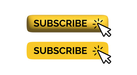 Set of two yellow Subscribe buttons, one with 3D styling and one flat, both with a clicking cursor and visual click effect. Ideal for web interfaces or digital marketing. Vector illustration