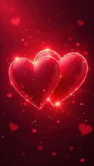 Intertwined glowing hearts, red sparkle gradient background, smooth, bright