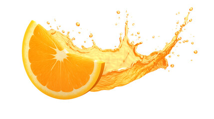 Falling orange with juice splash isolated on a transparent background