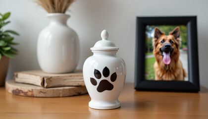 Small white cremation urn with paw print, black photo frame with picture of smiling German Shepherd on wooden table in soft light