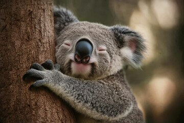 Naklejka premium Sleeping marsupial hugs tree trunk, eyes closed.