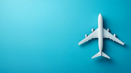 Flat lay design of travel concept with plane on blue background with copy space