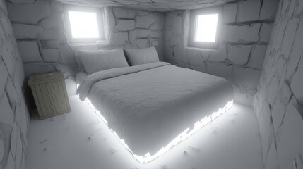 Winter retreat escape cozy bedroom indoor space minimalist design bright lighting peaceful atmosphere