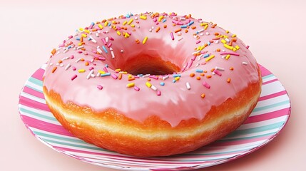 A colorful pink frosted donut with sprinkles on a striped plate.