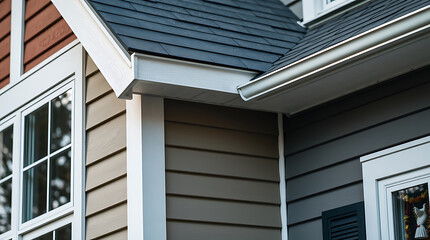 Fototapeta premium House Exterior with Beige and Gray Vinyl Siding, White Trim, and Asphalt Shingle Roof
