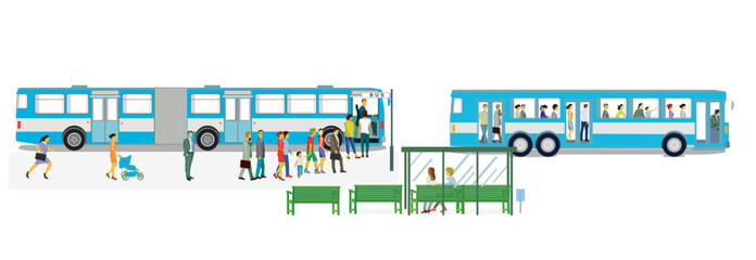Bushaltestelle mit Fahrgästen und Bus , Illustration-.eps