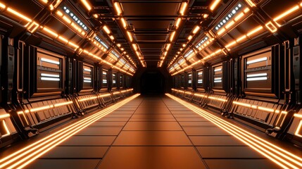 Futuristic corridor exploration sci-fi setting digital art dimly lit environment perspective view tech concept