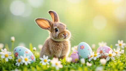 Fototapeta premium Lovely easter bunny sitting on grass with decorated eggs and flowers