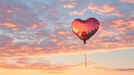 Fototapeta premium A single Valentine day heart balloon with a shimmering metallic finish soaring in a peaceful dawn sky