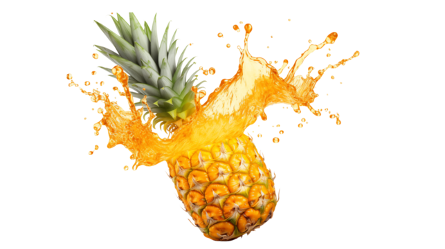 Pineapple with a splash of juice isolated on a transparent background