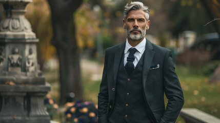 Elegant middle aged man in three piece suit at funeral, showcasing handsomeness and poise
