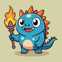 Big eyed monster carrying a torch doodle icon cartoon vector illustration