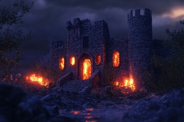 Fototapeta premium Mysterious castle illuminated by flames under a night sky
