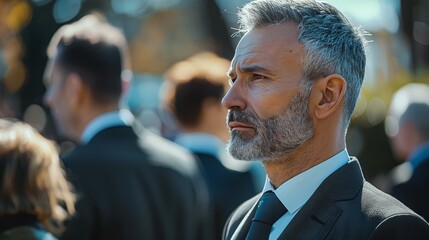 Elegantly dressed middle aged man in three piece suit at funeral, exuding respect and solemnity