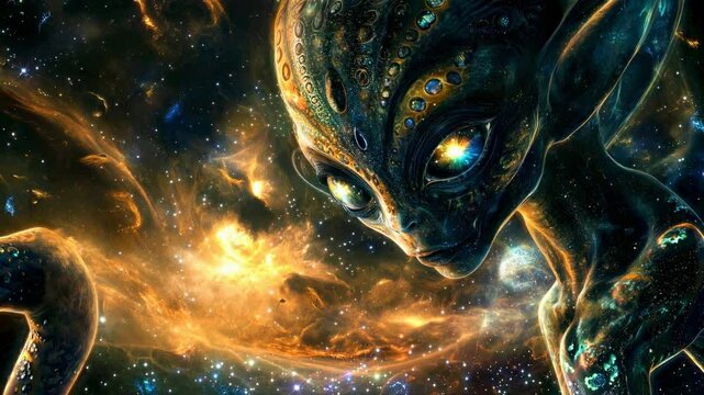An alien being gazes into the cosmos, surrounded by radiant stars and swirling galaxies, evoking feelings of awe and curiosity about the universe