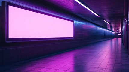 Pink illuminated billboard in a purple subway tunnel