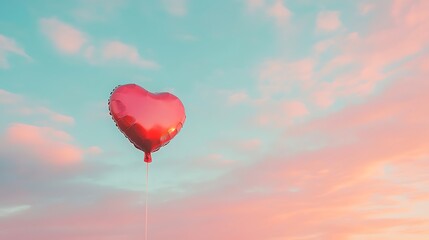 Fototapeta premium A single metallic red Valentine day heart balloon floating gently in a light sky of soft pastel colors