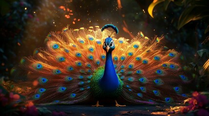Colorful peacock displays iridescent tail feathers.