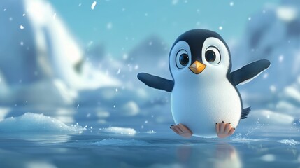 Cute penguin joyfully leaping, snowy icy waters.
