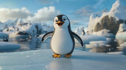 Obraz premium Happy penguin stands on ice, antarctic backdrop.