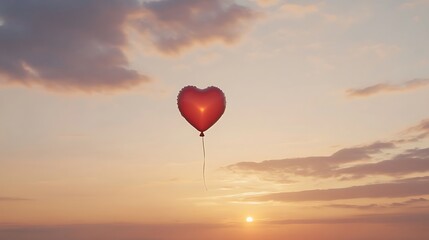 Fototapeta premium A single shiny red heart balloon soaring in a peaceful dawn sky for Valentine day celebrations