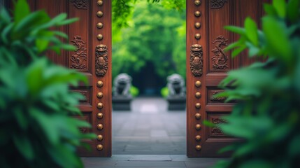 Fototapeta premium Serene garden entrance botanical oasis nature photography tranquil setting close-up view peaceful atmosphere