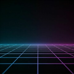 A digital grid with glowing blue and purple neon lines on a sleek black background, featuring cyberpunk-inspired lighting effects in a futuristic atmosphere.