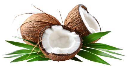 Fresh coconut whole and cut in half with palm leaf isolated on white background