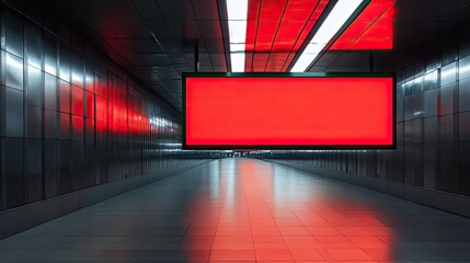 Red illuminated billboard in a modern subway corridor