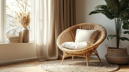 Stylish reading corner with muted gradients and natural finishes.