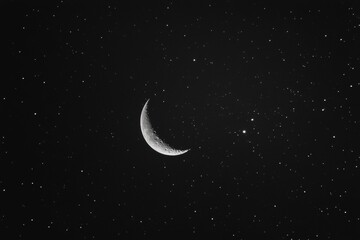 Delicate crescent moon illuminates the night sky amidst twinkling stars and serene darkness
