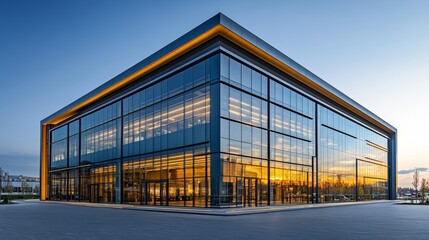 Obraz premium Modern commercial building with large glass facades and multiple entrances, surrounded by paved floors and a simple sky background, designed in a contemporary architectural style
