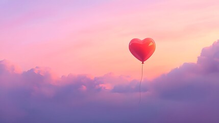 A single radiant red heart balloon floating gently against a gradient sky of soft pink and purple