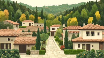 Fototapeta premium Mediterranean-style village nestled in a verdant hillside setting