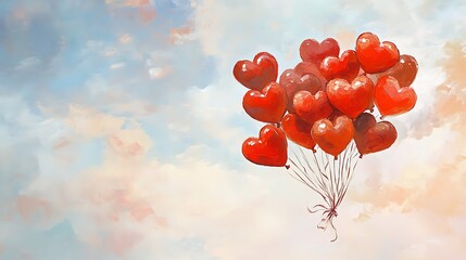 A cluster of red heart-shaped balloons floating together in a calm sky of pastel hues