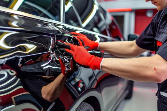 Expert technician uses spotter tool to precisely repair dents on car body after accident