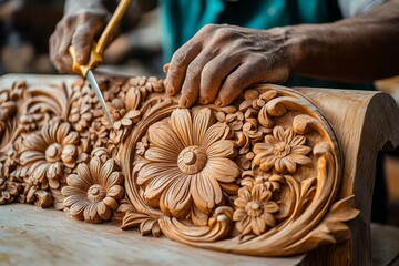 A craftsman carving intricate designs on a wooden chair in a furniture workshop. Generative AI