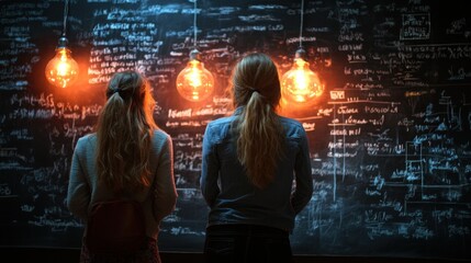 Two women studying equations on chalkboard wall.  Possible use education, STEM