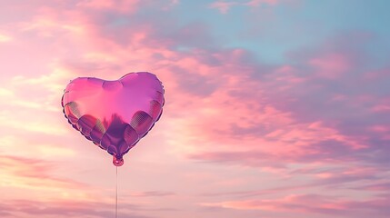 Fototapeta premium A single Valentine day heart balloon with a shimmering finish floating in a peaceful sky of soft pink tones