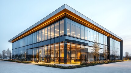 Obraz premium Modern commercial building with large glass facades and multiple entrances, surrounded by paved floors and a simple sky background, designed in a contemporary architectural style