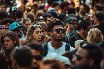 Vibrant city scene showcasing a large, diverse crowd united in the bustling urban heart of life.